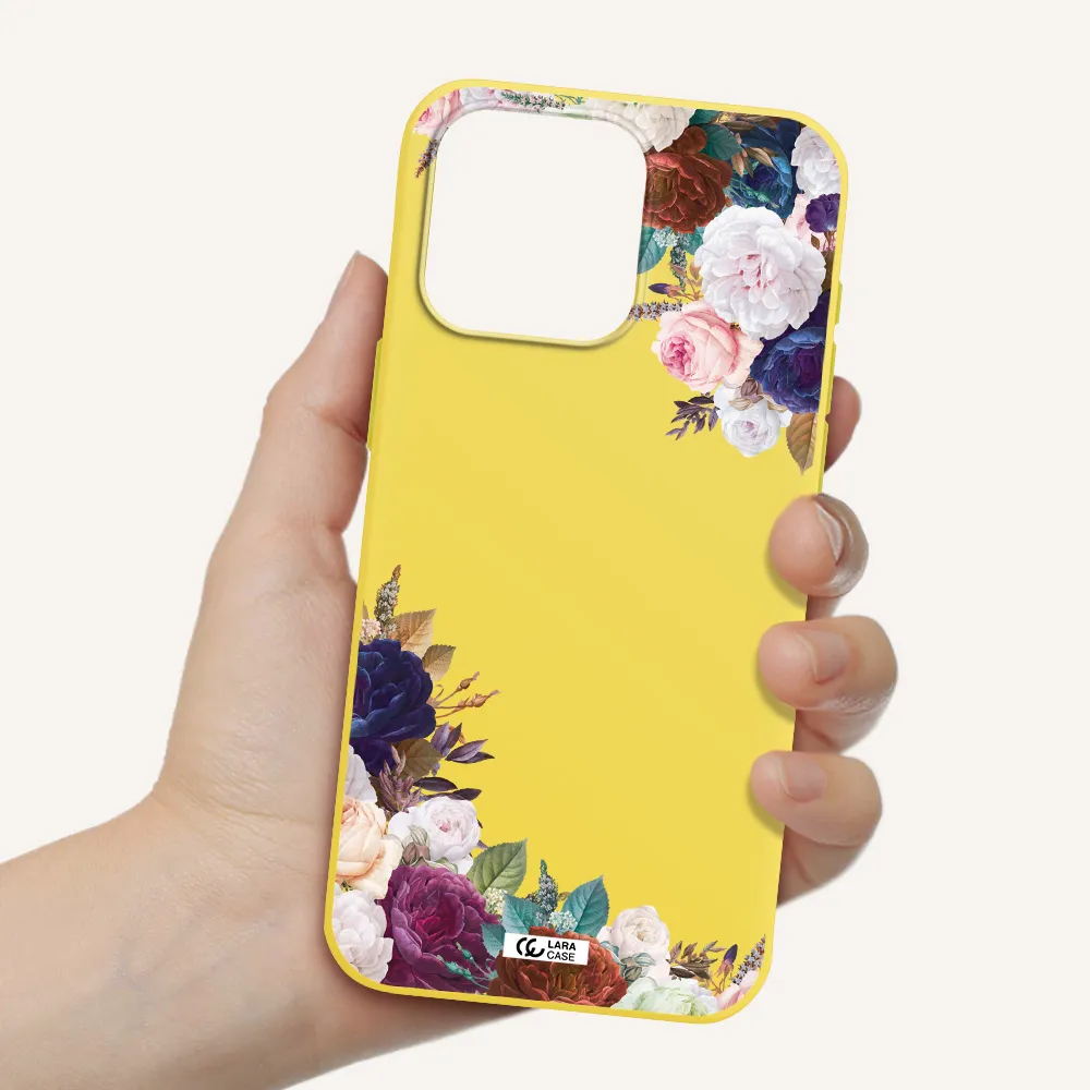 a corner of flowers with leaves Apple Iphone 15 Pro max Silicone canary yellow Case