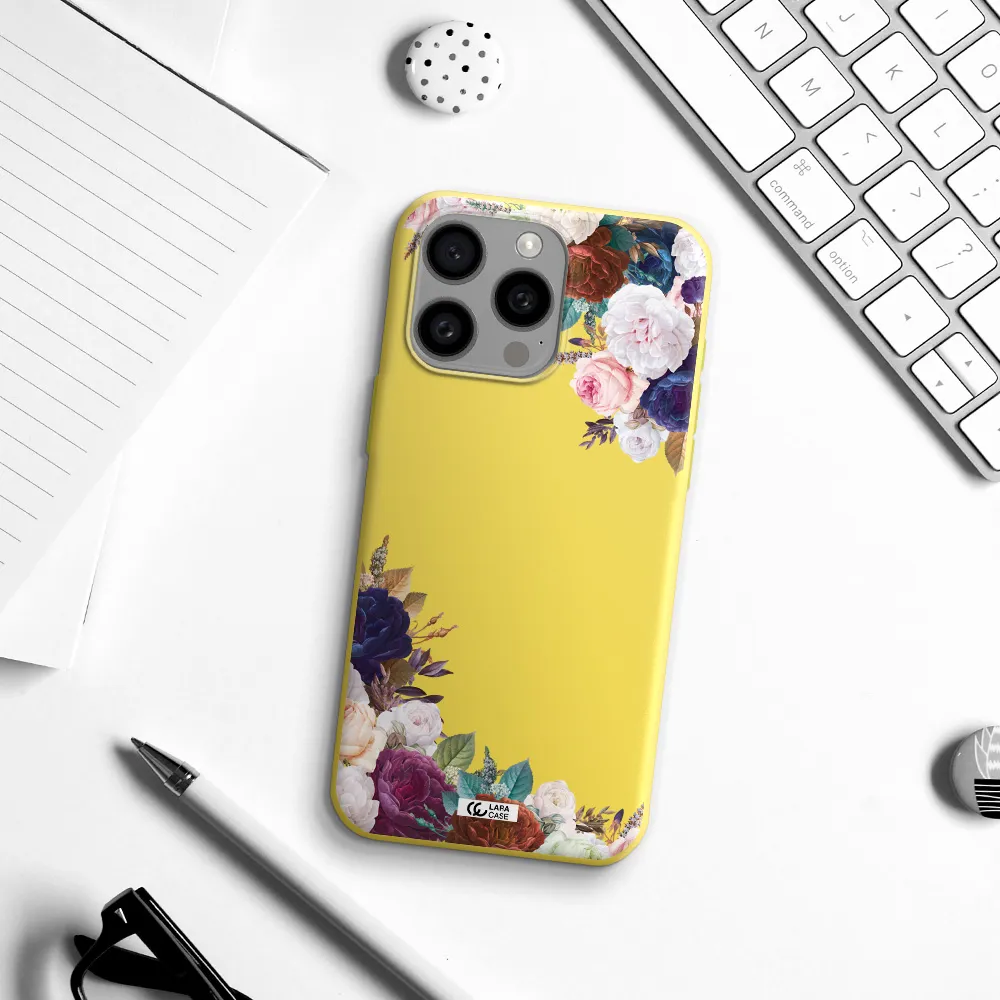 a corner of flowers with leaves Apple Iphone 15 Pro max Silicone canary yellow Case