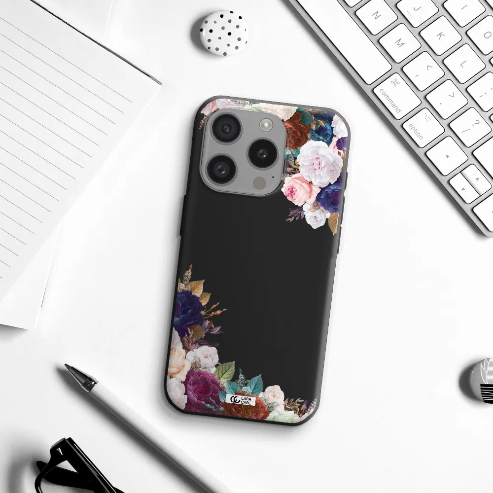 A Corner Of Flowers With Leaves Apple Iphone 15 Pro Silicone Black Case