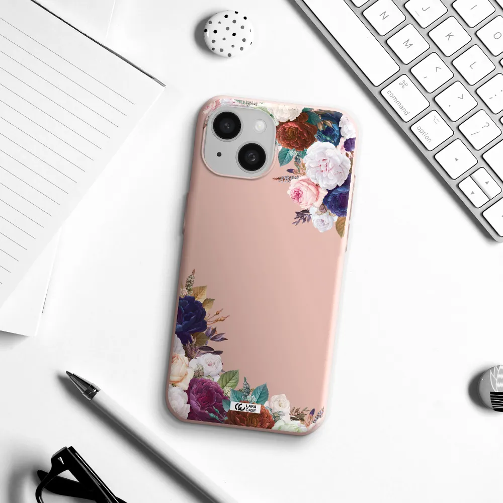 A Corner Of Flowers With Leaves Apple Iphone 15 Silicone Pastel Pink Case