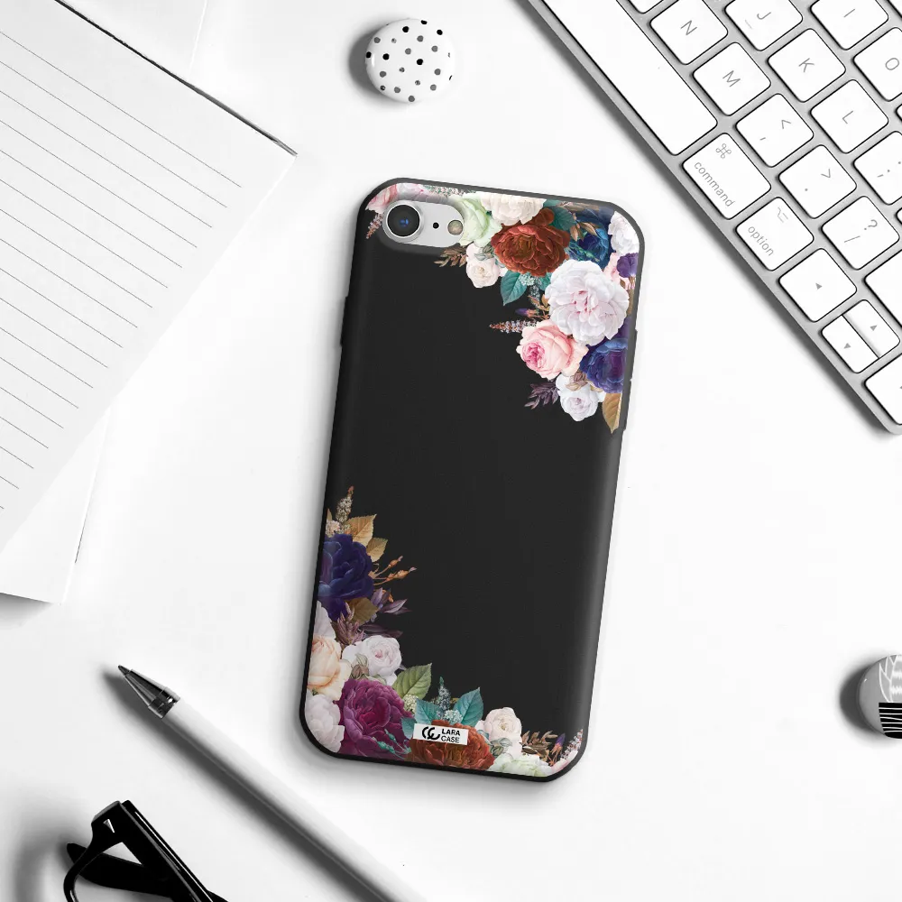 a corner of flowers with leaves Apple iPhone 8 Silicone black Case