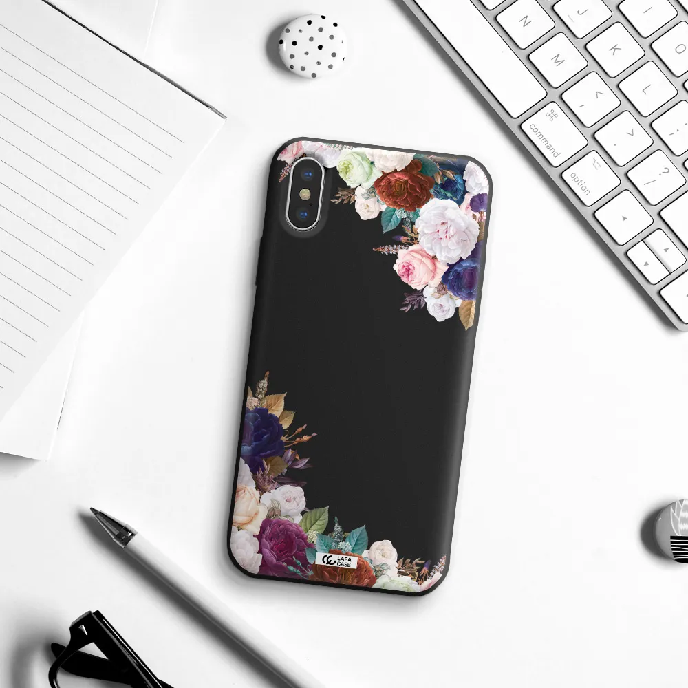 a corner of flowers with leaves Apple iPhone X Silicone black Case