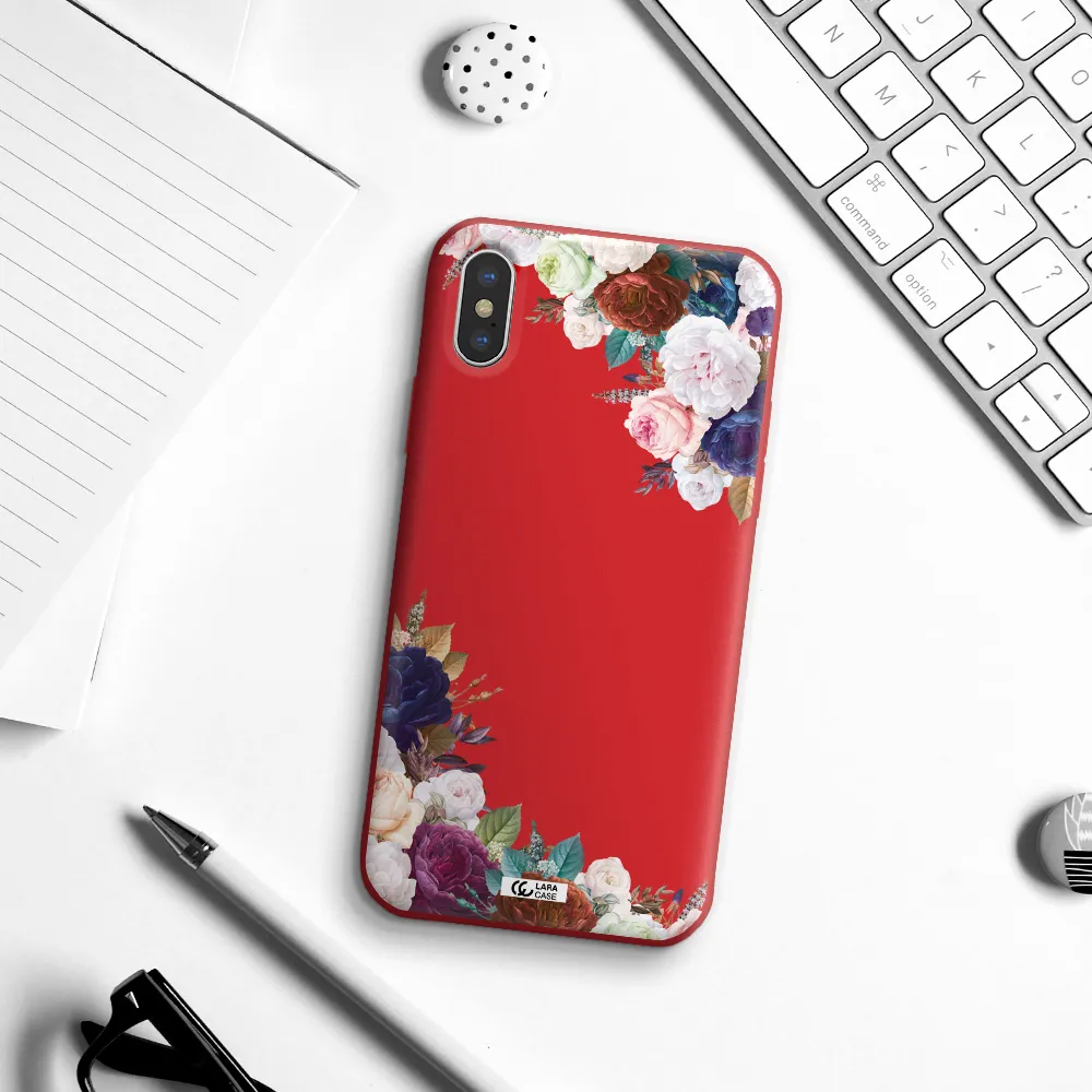 a corner of flowers with leaves Apple iPhone X Silicone Imperial Red Case
