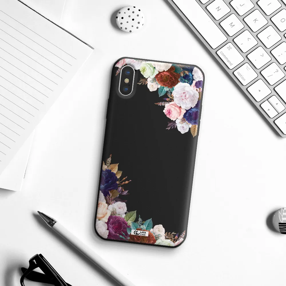 a corner of flowers with leaves Apple iPhone XS Silicone black Case