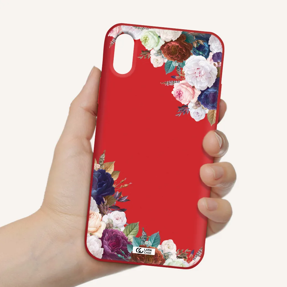 a corner of flowers with leaves Apple iPhone XS Silicone Imperial Red Case