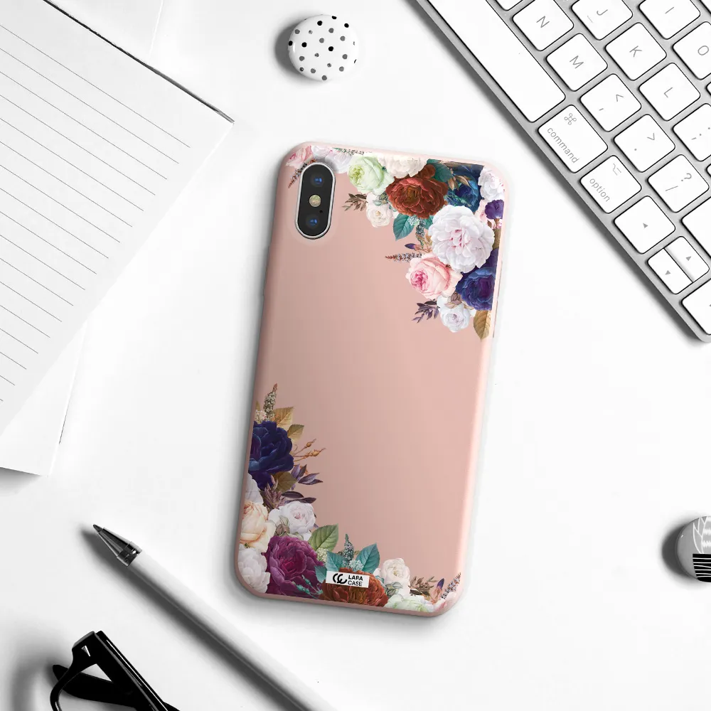 a corner of flowers with leaves Apple iPhone XS Silicone pastel pink Case