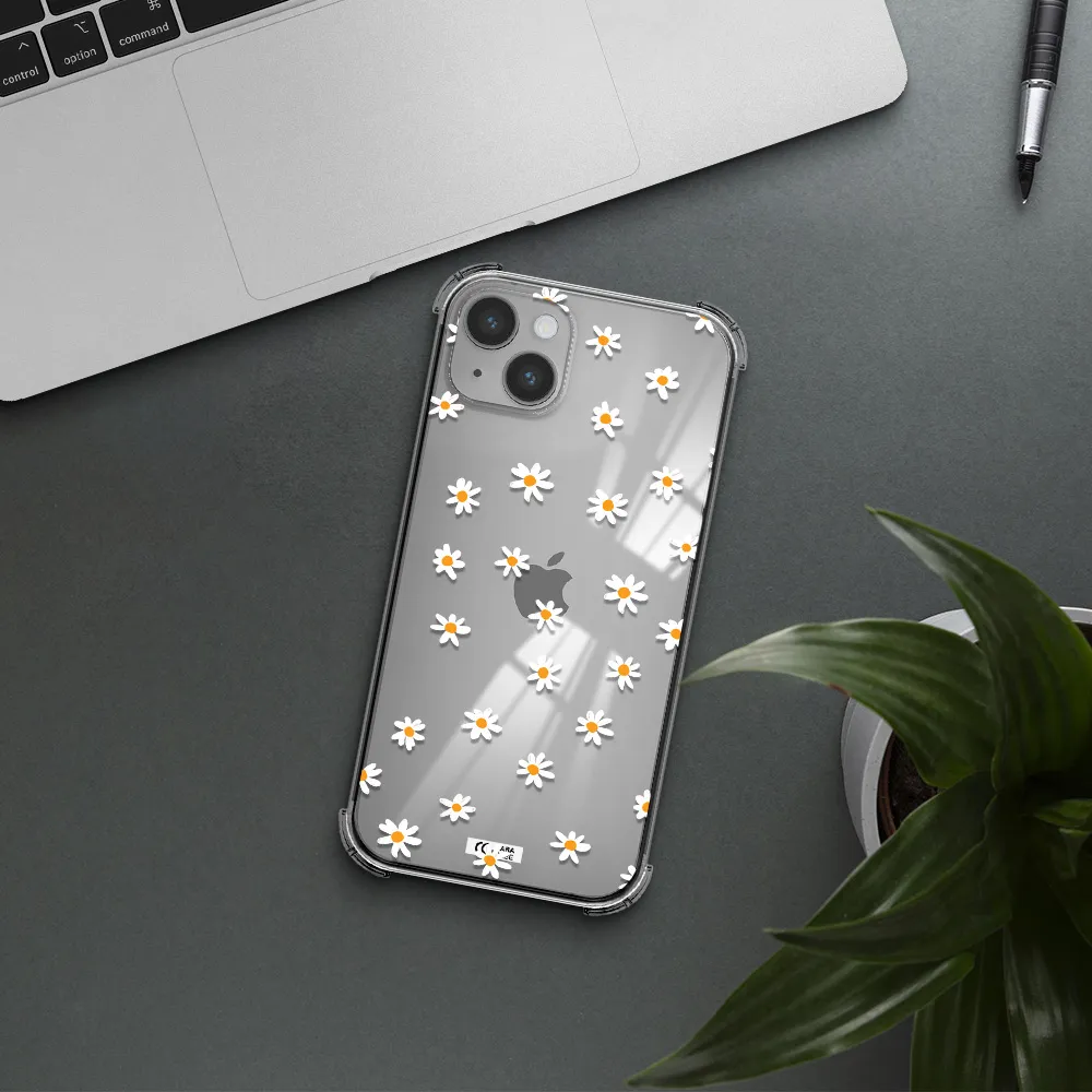 a white background with orange dots Apple iPhone 14 plus Clear PC Case