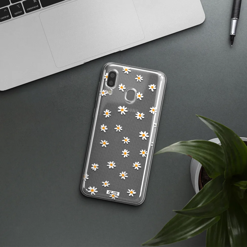 a white background with orange dots Samsung A20 Clear TPU Case