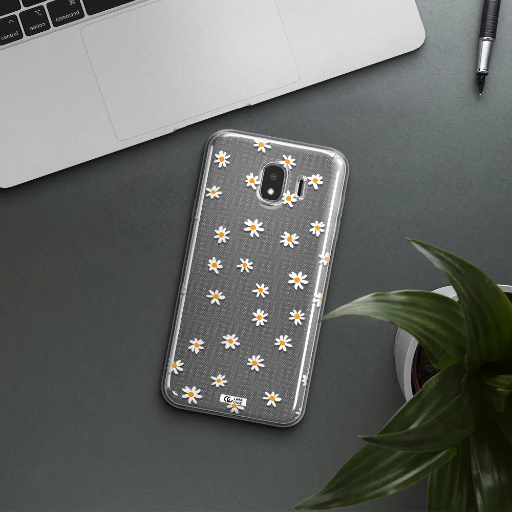 a white background with orange dots Samsung J4 Clear TPU Case