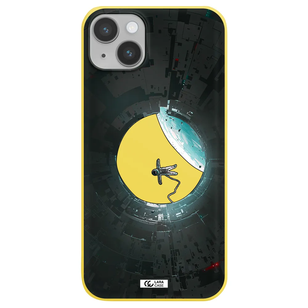 a astronaut in a space station Apple iPhone 14 Silicone canary yellow Case