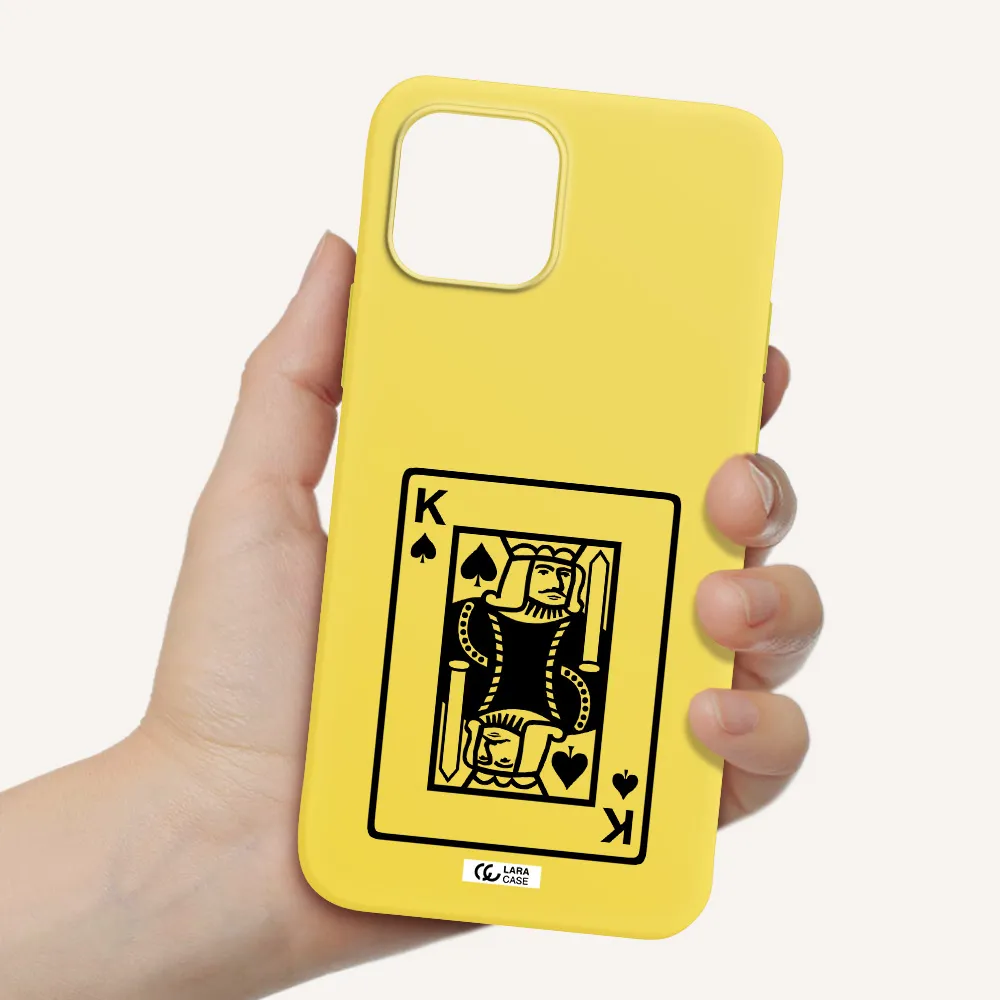 a black and white card with a man in a crown Apple iPhone 12 Silicone canary yellow Case