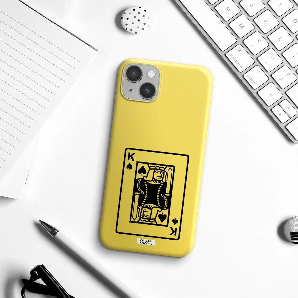 a black and white card with a man in a crown Apple iPhone 14 plus Silicone canary yellow Case