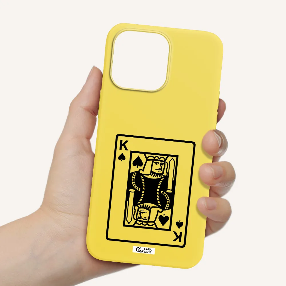 a black and white card with a man in a crown Apple iPhone 14 pro Silicone canary yellow Case