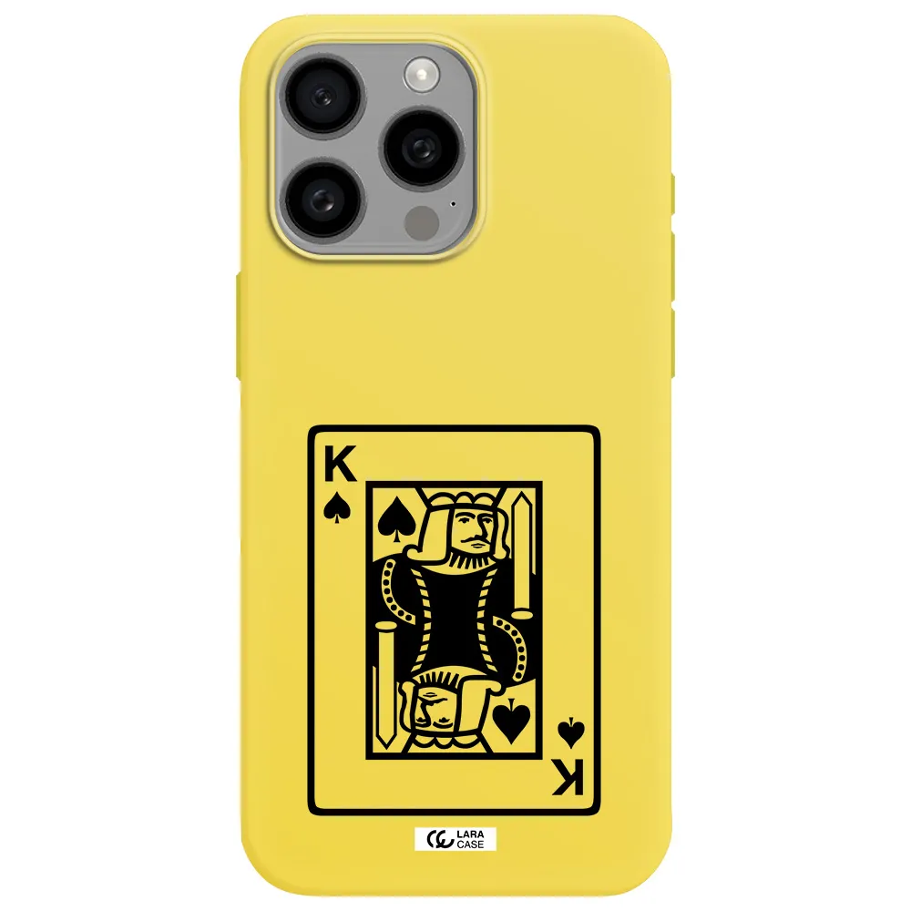 a black and white card with a man in a crown Apple Iphone 15 Pro max Silicone canary yellow Case