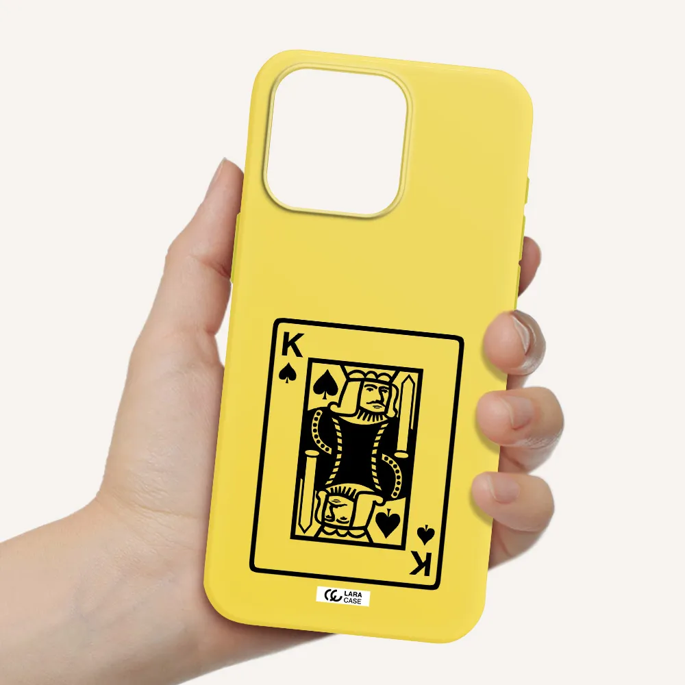 a black and white card with a man in a crown Apple Iphone 15 Pro max Silicone canary yellow Case
