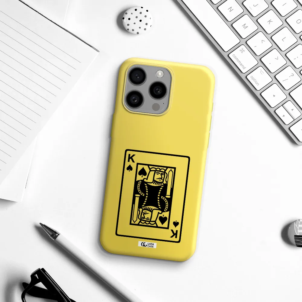 a black and white card with a man in a crown Apple Iphone 15 Pro max Silicone canary yellow Case