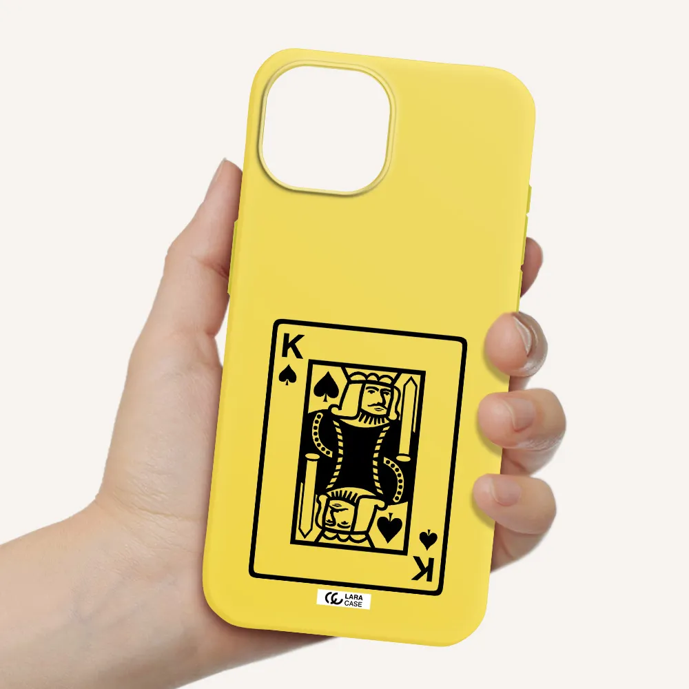 a black and white card with a man in a crown Apple iPhone 15 Silicone canary yellow Case