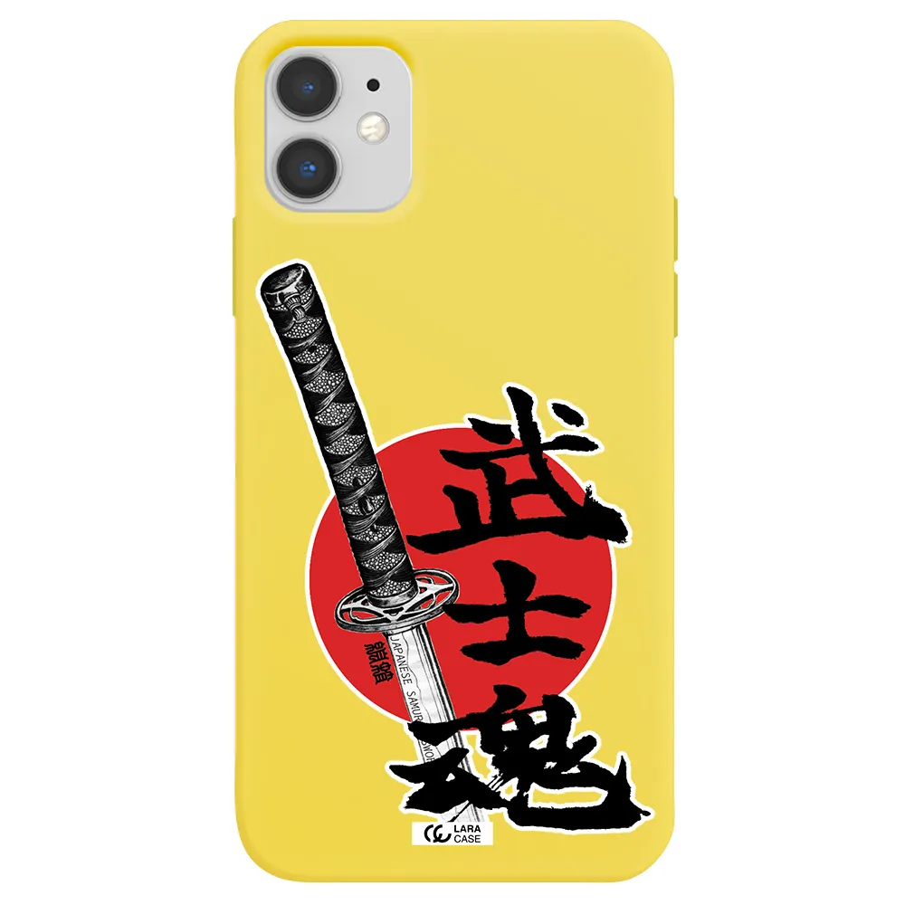a sword with a red circle and hieroglyph Apple iPhone 11 Silicone canary yellow Case