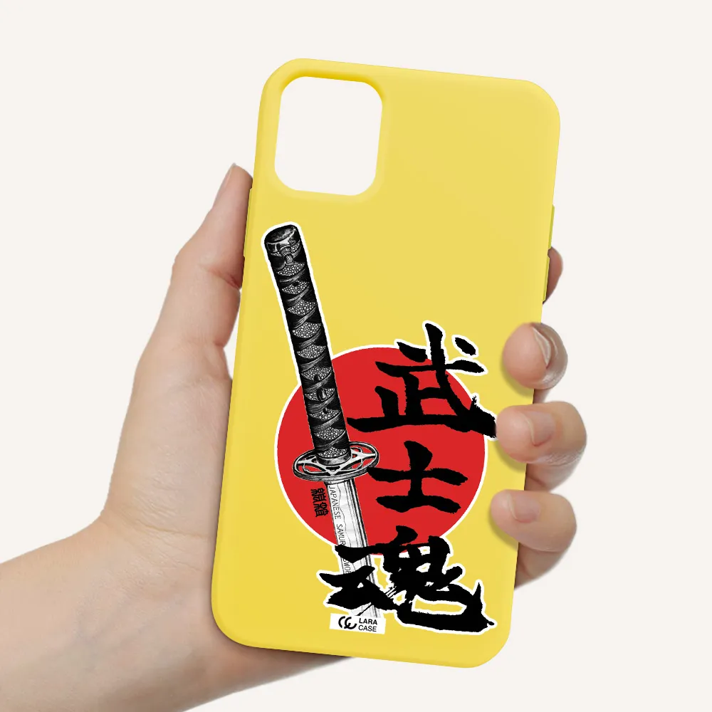 a sword with a red circle and hieroglyph Apple iPhone 11 Silicone canary yellow Case