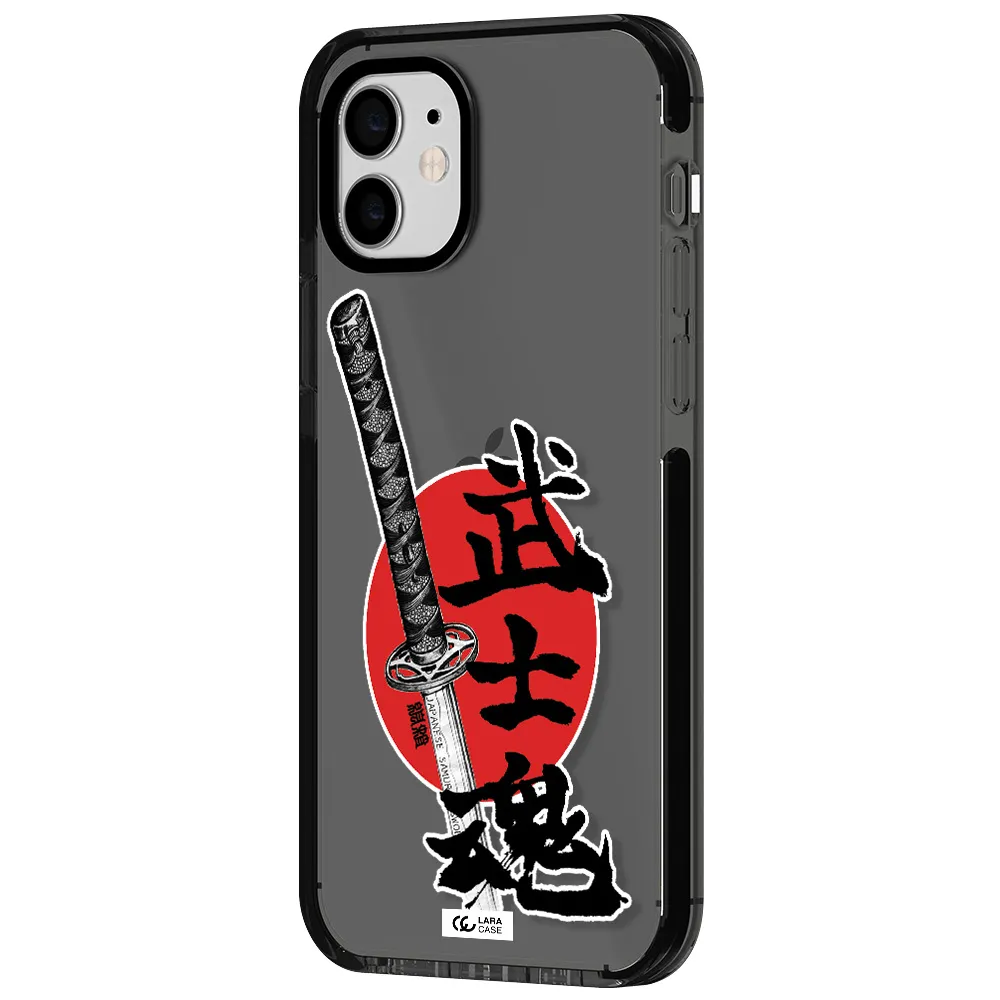 a sword with a red circle and hieroglyph Apple iPhone 12 impact Smoke Black Case