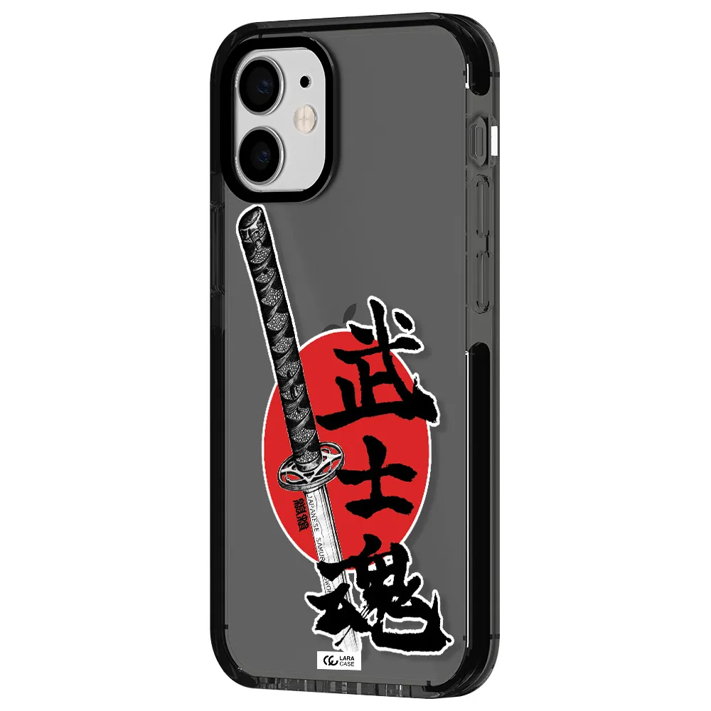 a sword with a red circle and hieroglyph Apple iPhone 12 mini impact Smoke Black Case