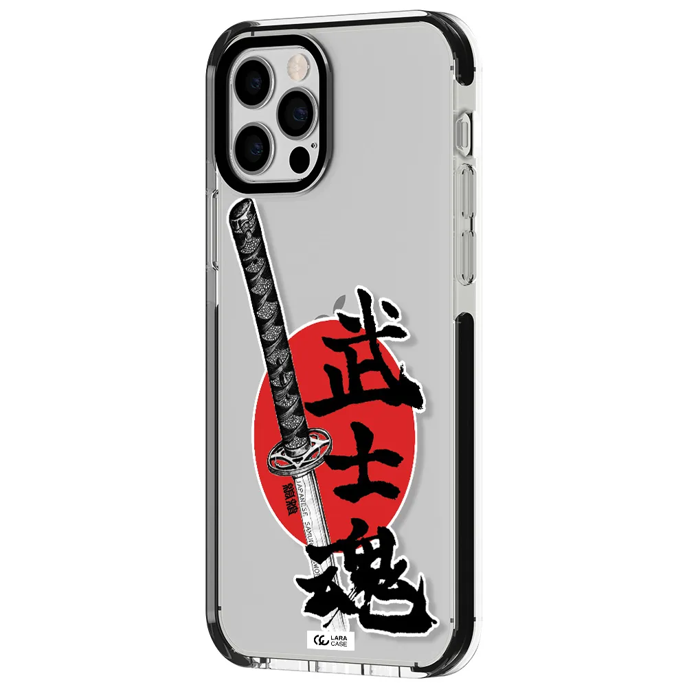 a sword with a red circle and hieroglyph Apple iPhone 12 pro impact black border Case