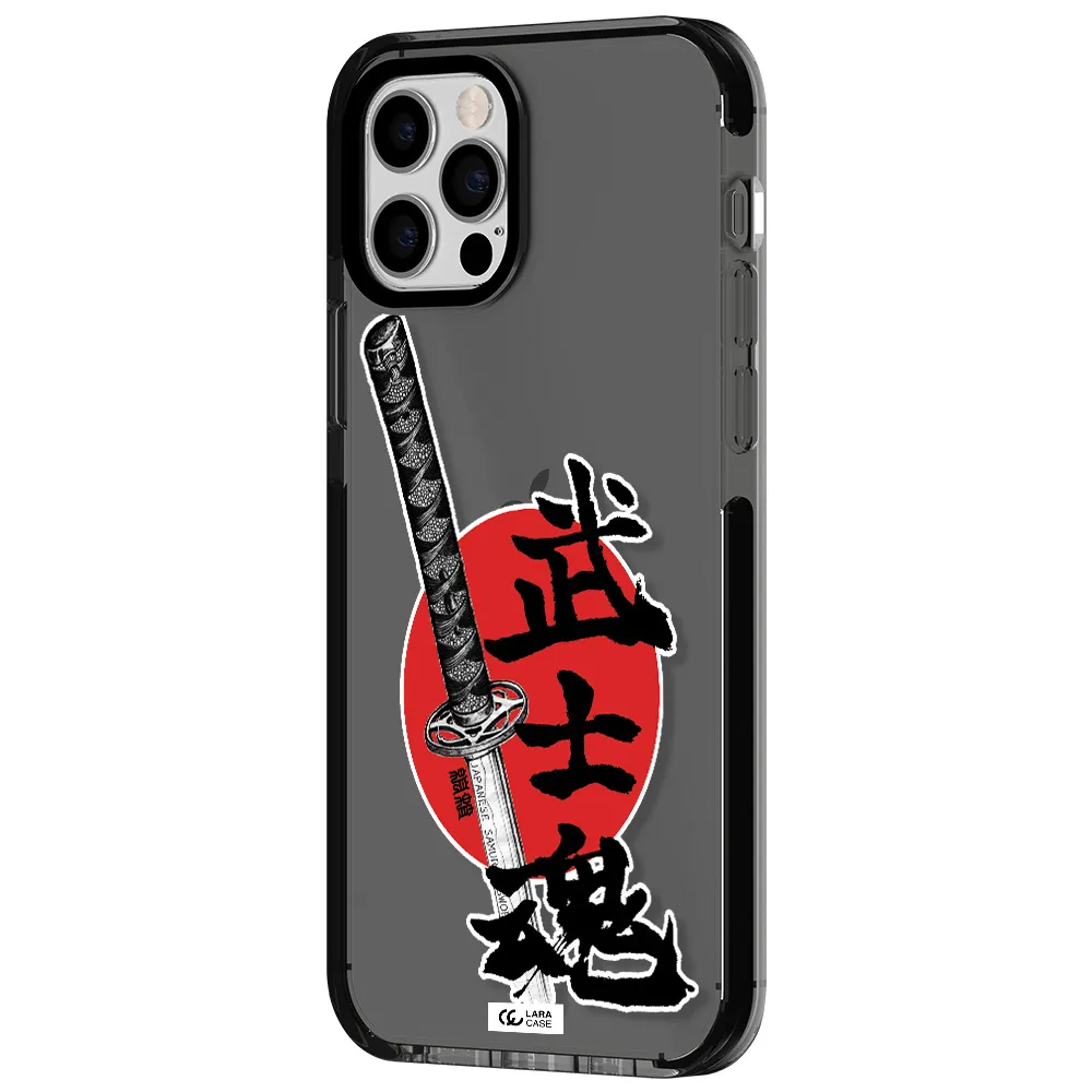 a sword with a red circle and hieroglyph Apple iPhone 12 pro impact Smoke Black Case