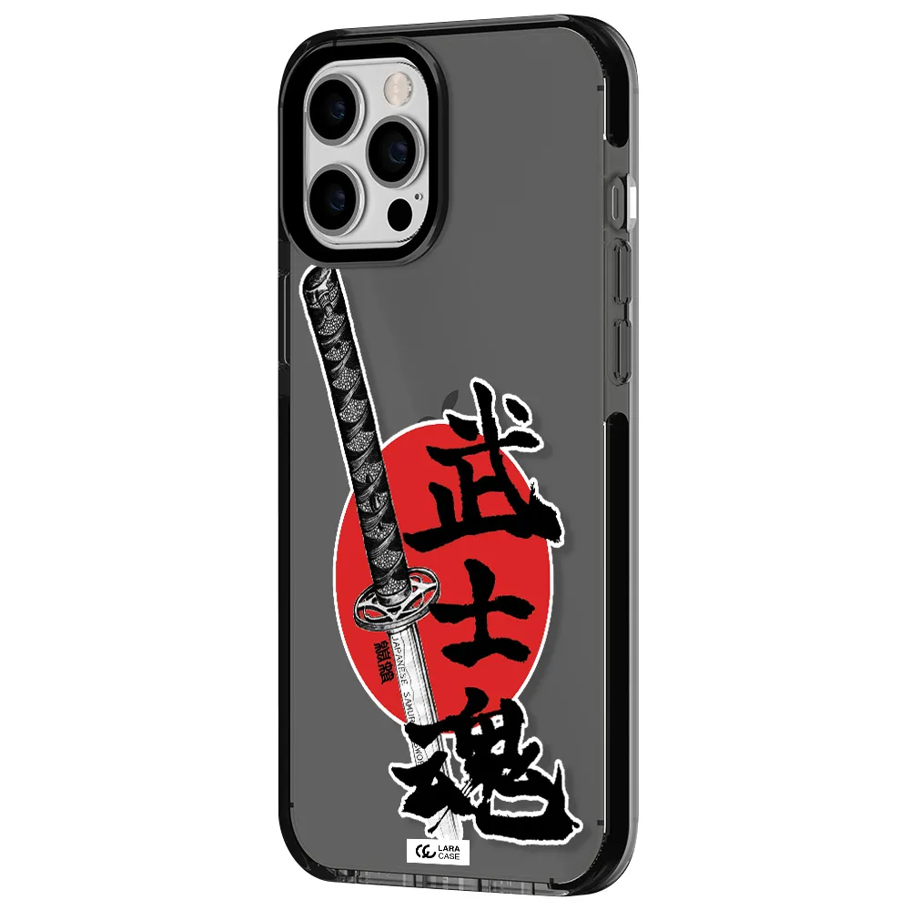a sword with a red circle and hieroglyph Apple iPhone 12 pro max impact Smoke Black Case