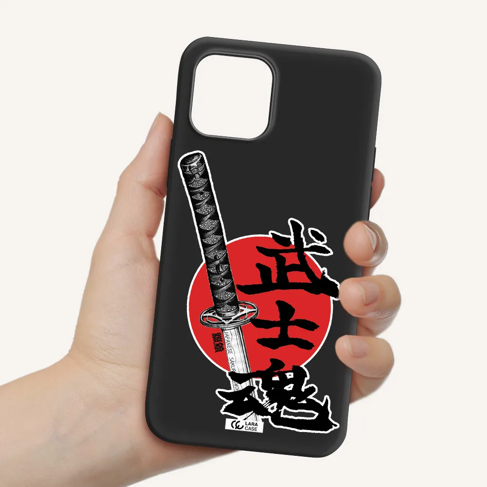 a sword with a red circle and hieroglyph Apple iPhone 12 Silicone black Case