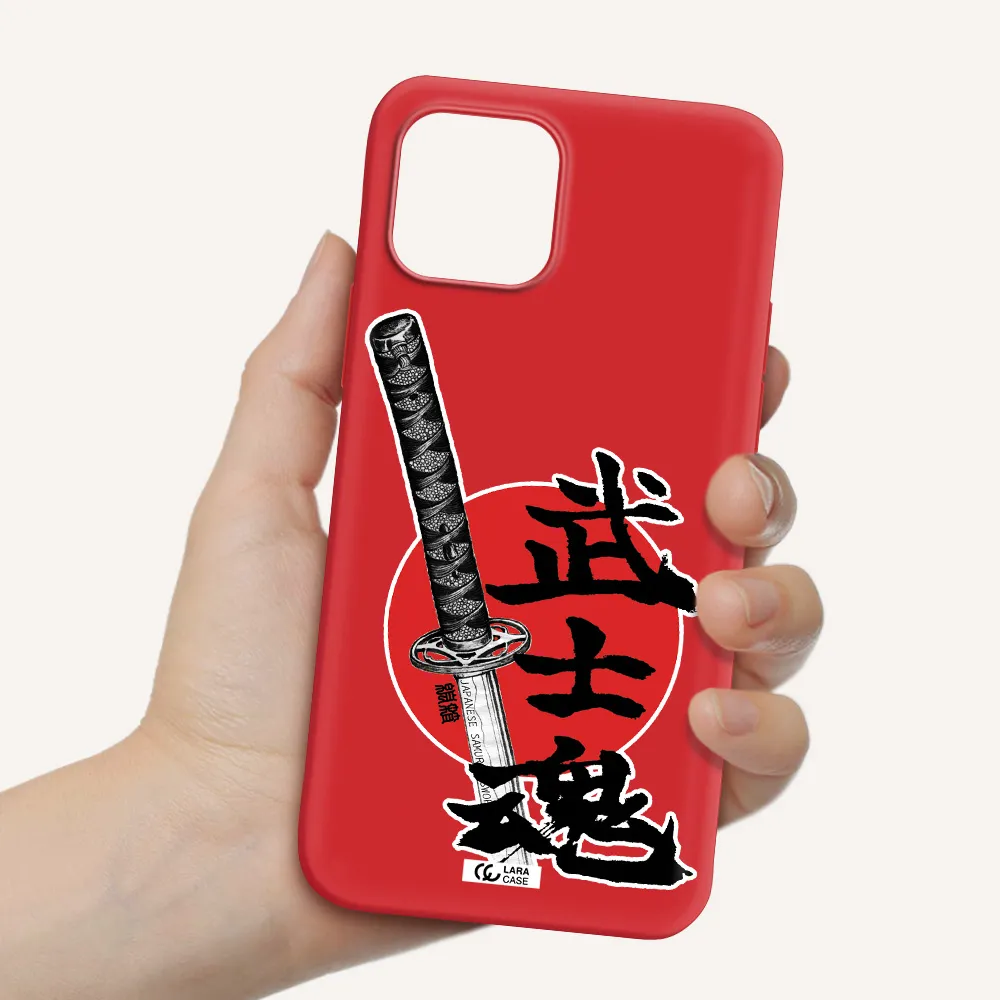 a sword with a red circle and hieroglyph Apple iPhone 12 Silicone Imperial Red Case