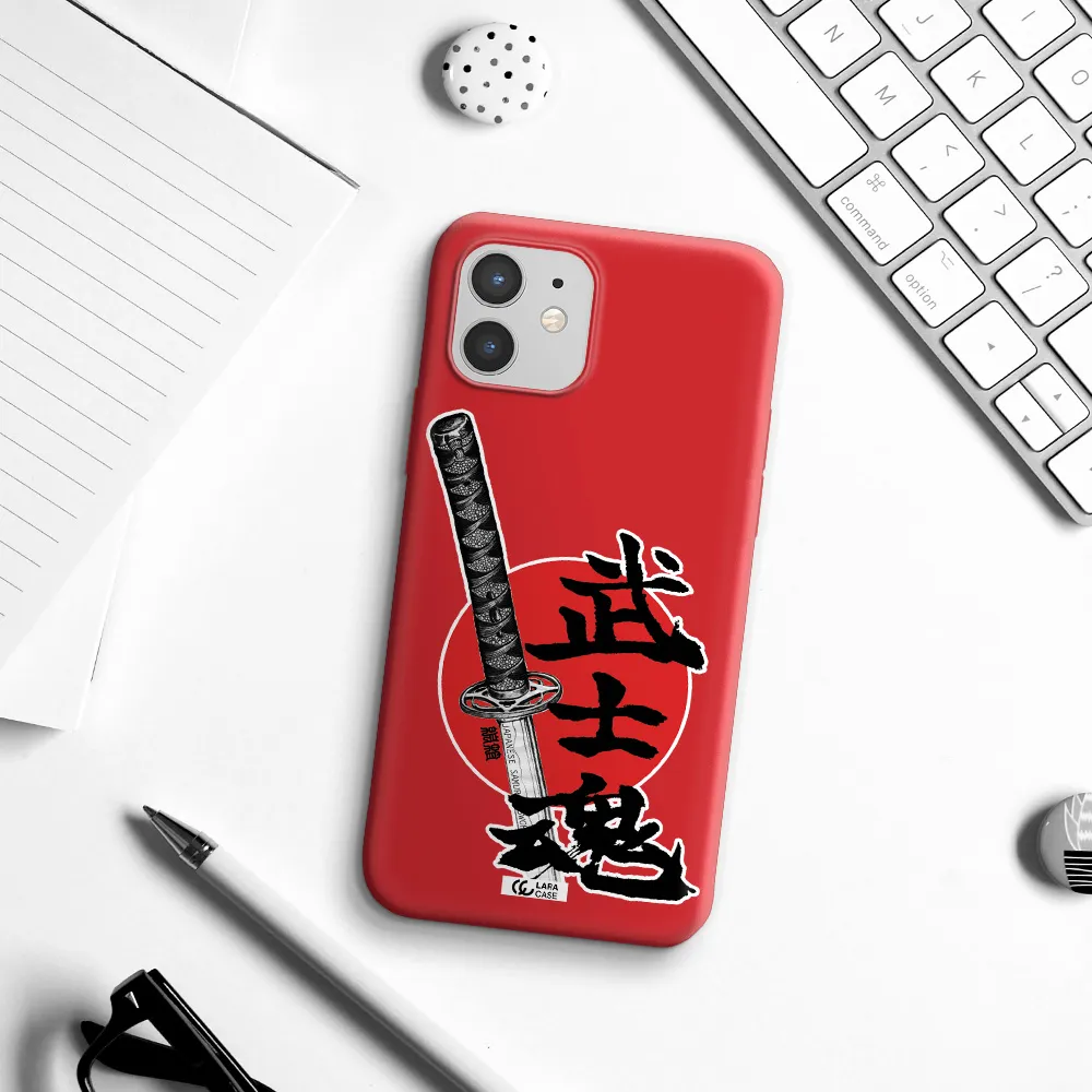 a sword with a red circle and hieroglyph Apple iPhone 12 Silicone Imperial Red Case