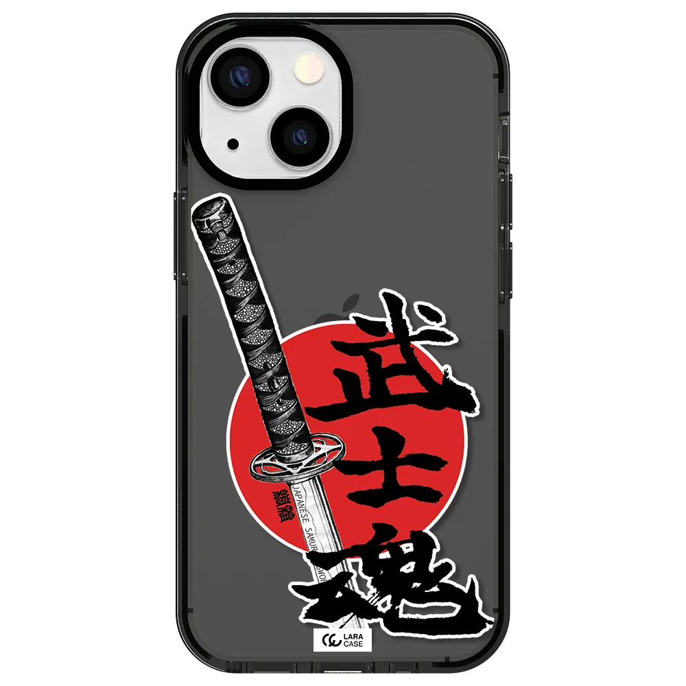 a sword with a red circle and hieroglyph Apple iPhone 13 mini impact Smoke Black Case