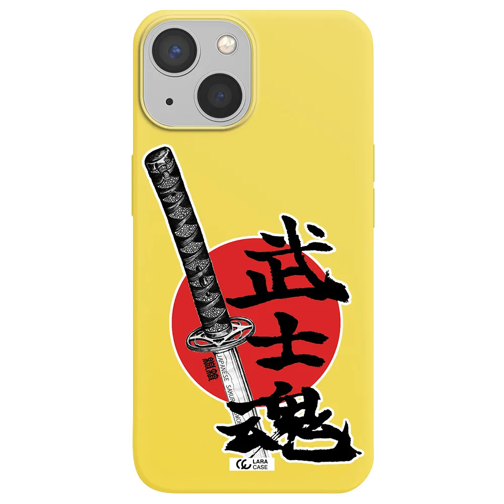 a sword with a red circle and hieroglyph Apple iPhone 13 mini Silicone canary yellow Case