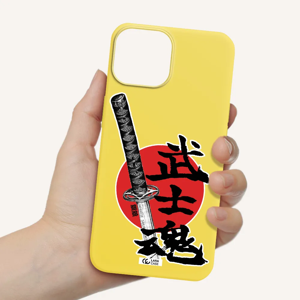 a sword with a red circle and hieroglyph Apple iPhone 13 mini Silicone canary yellow Case