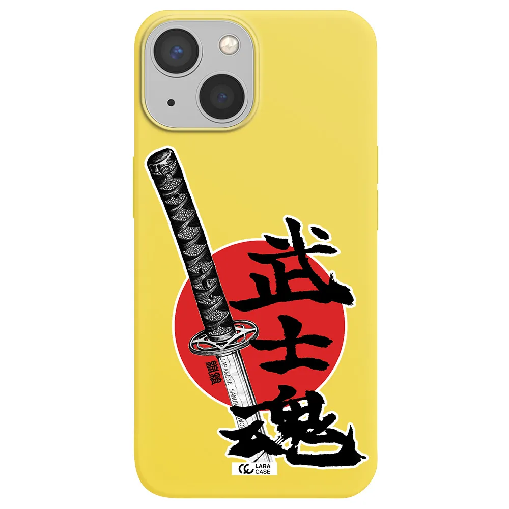 a sword with a red circle and hieroglyph Apple iPhone 13 Silicone canary yellow Case