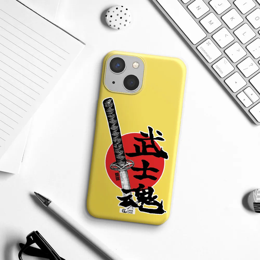 a sword with a red circle and hieroglyph Apple iPhone 13 Silicone canary yellow Case