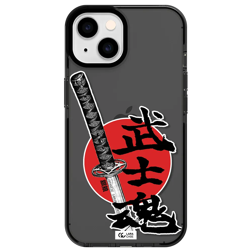 a sword with a red circle and hieroglyph Apple iPhone 14 impact Smoke Black Case
