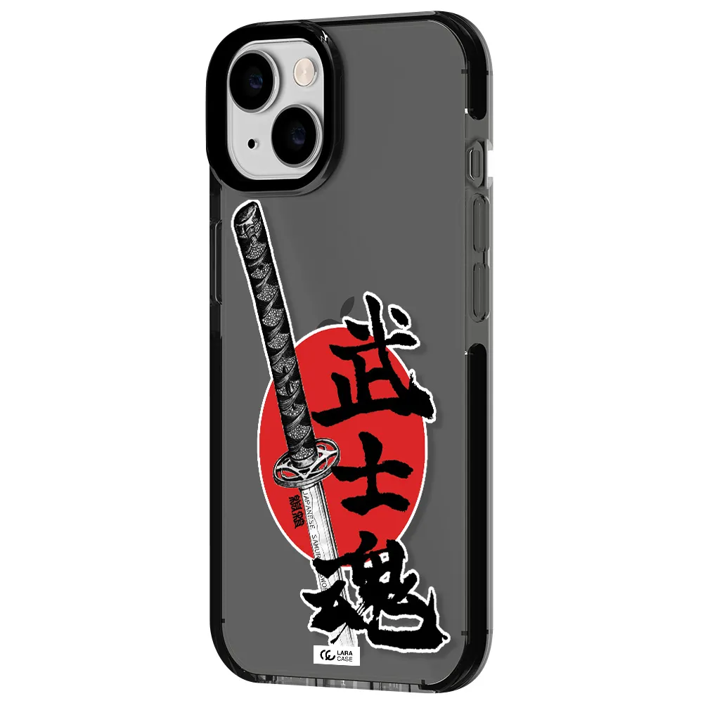 a sword with a red circle and hieroglyph Apple iPhone 14 impact Smoke Black Case