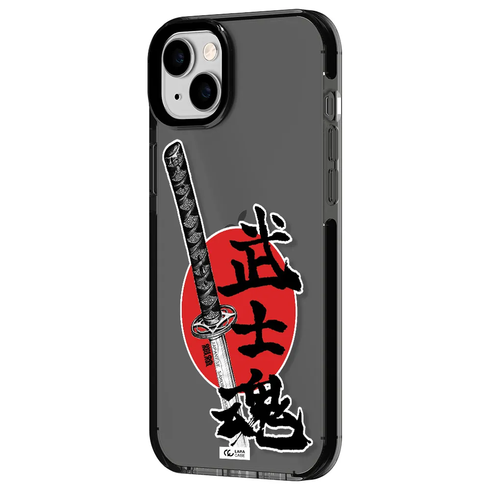 a sword with a red circle and hieroglyph Apple iPhone 14 plus impact Smoke Black Case