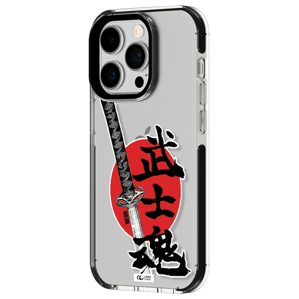 a sword with a red circle and hieroglyph Apple iPhone 14 pro impact black border Case