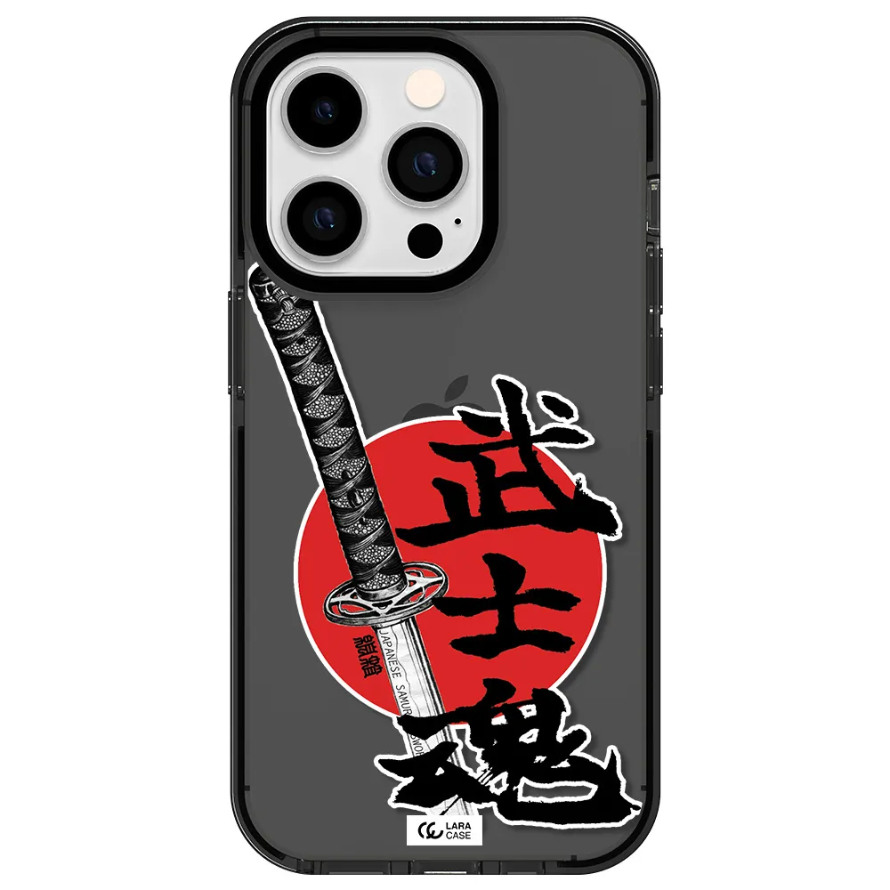 a sword with a red circle and hieroglyph Apple iPhone 14 pro impact Smoke Black Case