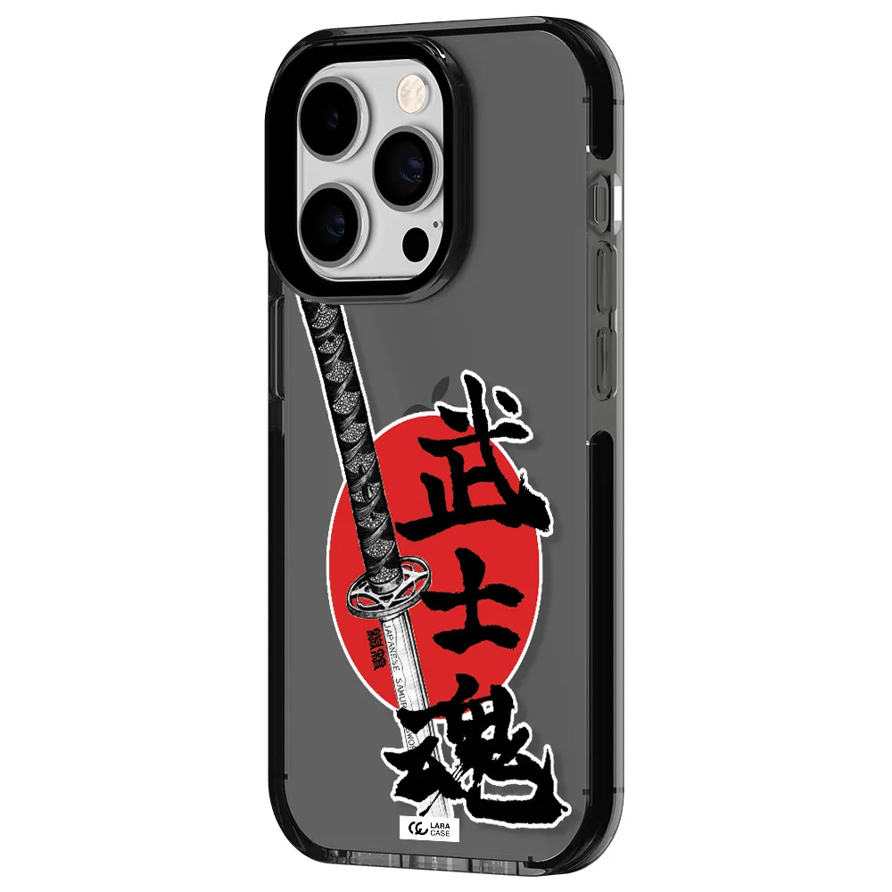 a sword with a red circle and hieroglyph Apple iPhone 14 pro impact Smoke Black Case