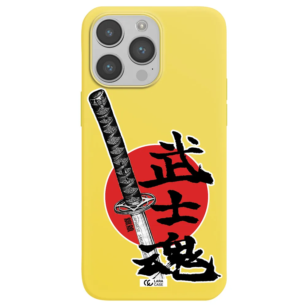 a sword with a red circle and hieroglyph Apple iPhone 14 pro Silicone canary yellow Case