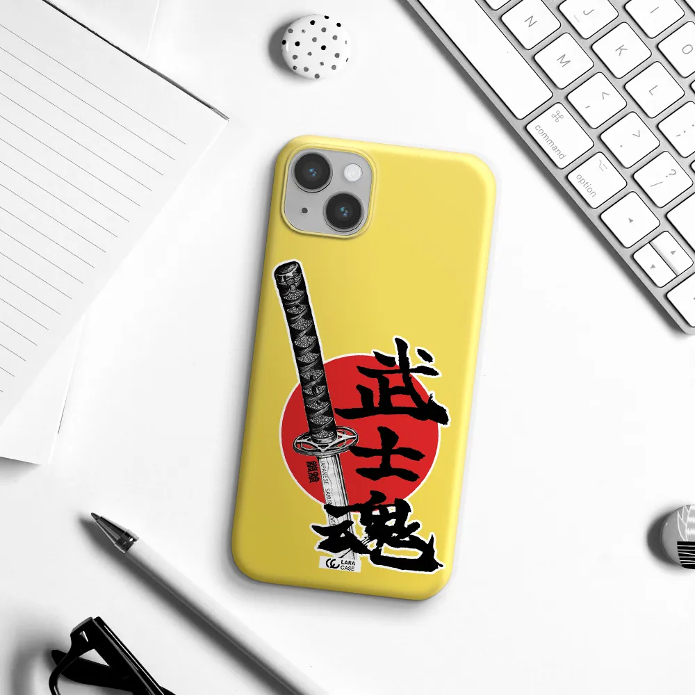 a sword with a red circle and hieroglyph Apple iPhone 14 Silicone canary yellow Case