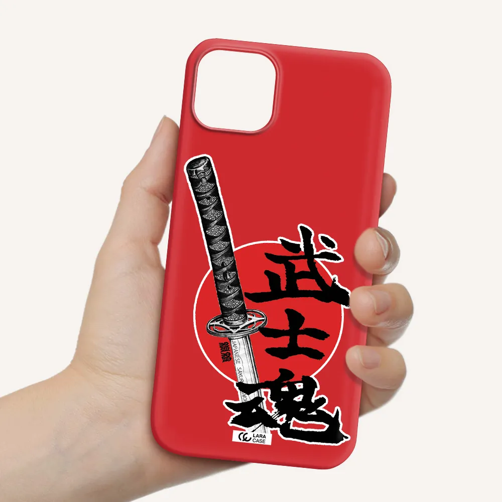 a sword with a red circle and hieroglyph Apple iPhone 14 Silicone Imperial Red Case