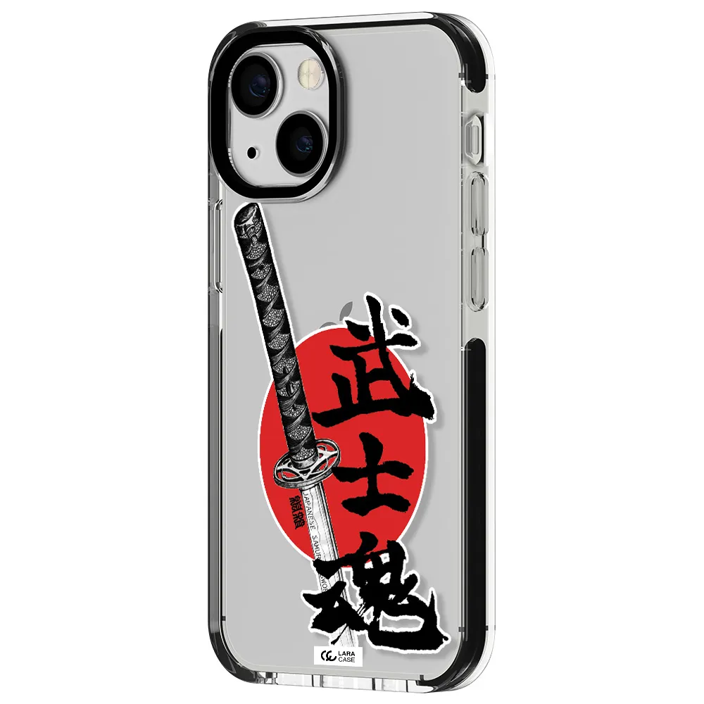 a sword with a red circle and hieroglyph Apple iPhone 15 impact black border Case