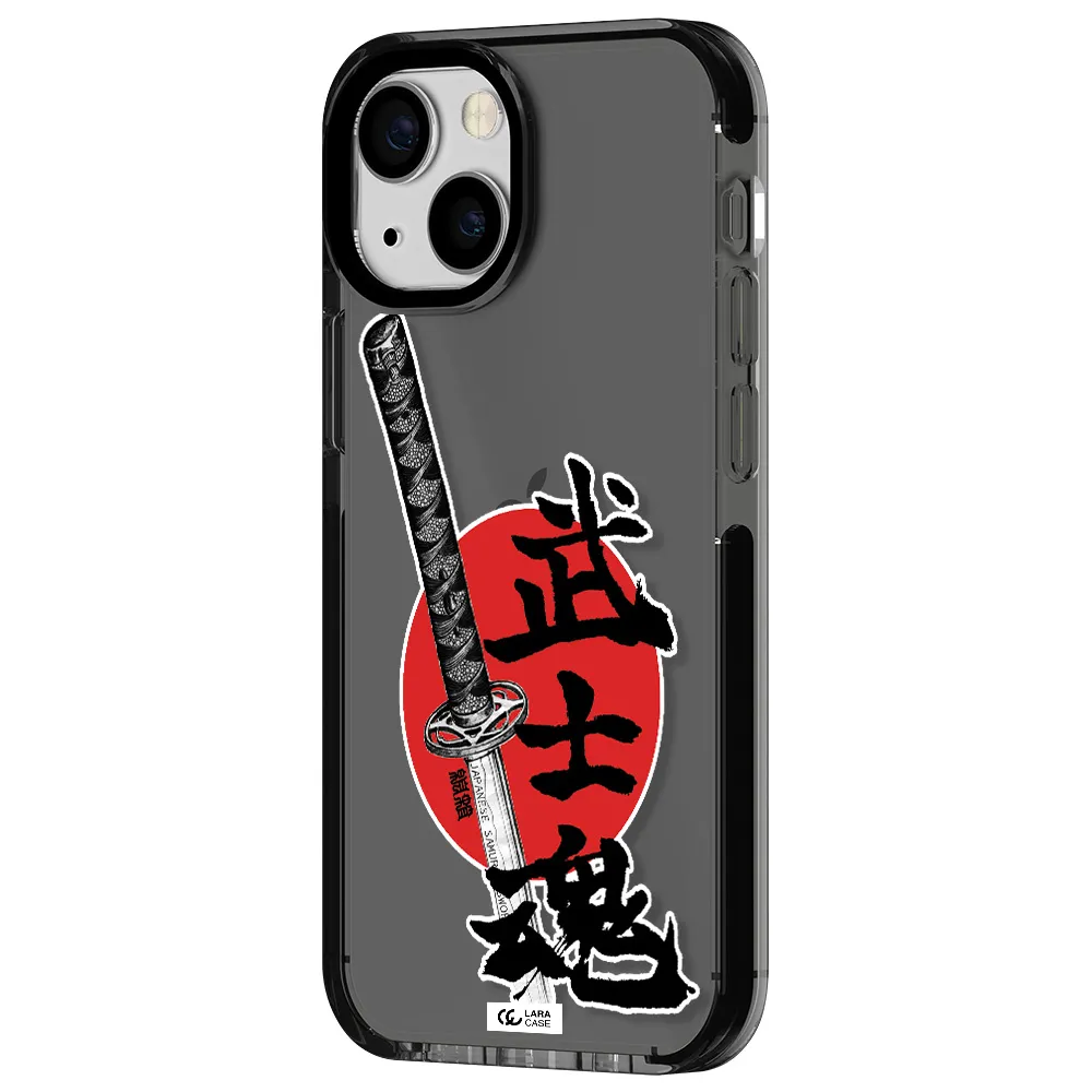 a sword with a red circle and hieroglyph Apple iPhone 15 impact Smoke Black Case