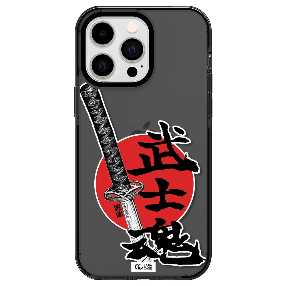 a sword with a red circle and hieroglyph Apple iPhone 15 Pro impact Smoke Black Case
