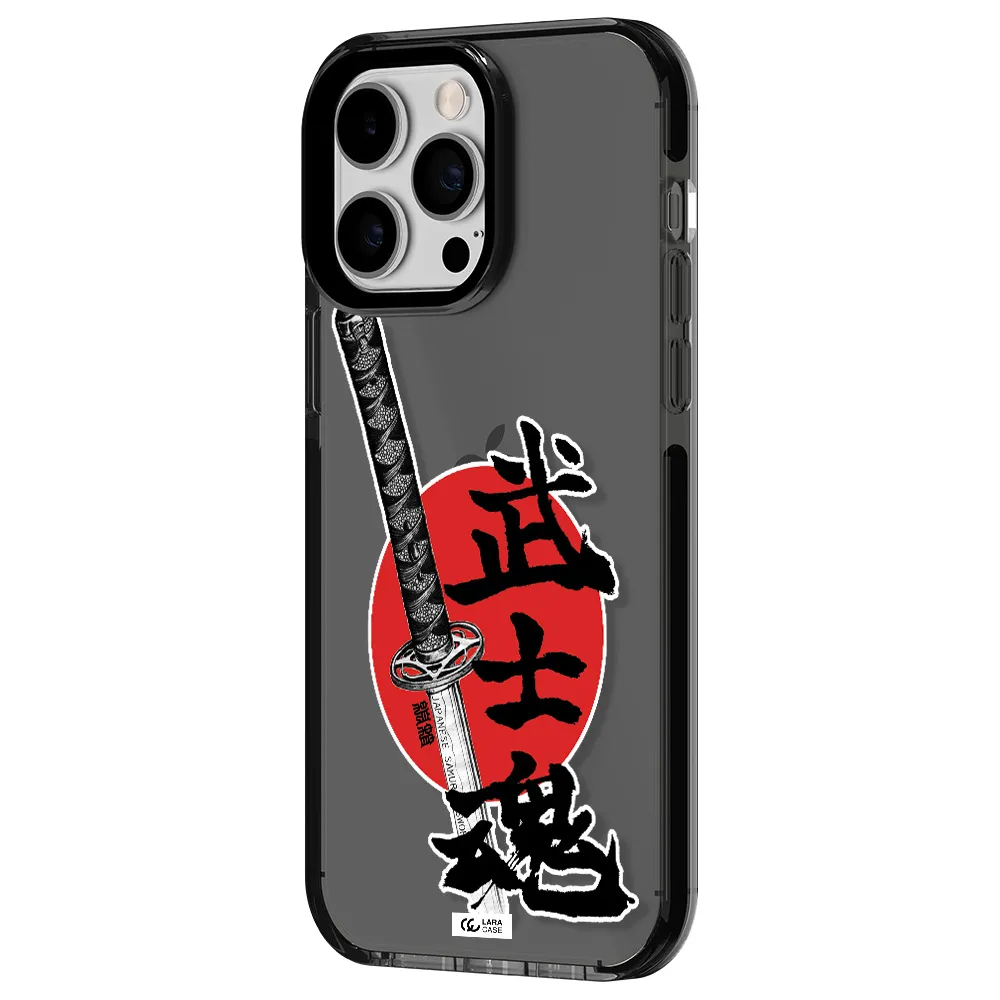 a sword with a red circle and hieroglyph Apple iPhone 15 Pro Max impact Smoke Black Case