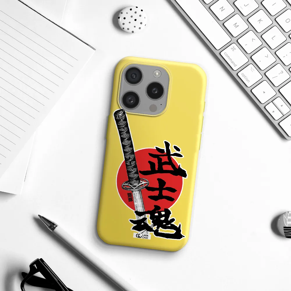 A Sword With A Red Circle And Hieroglyph Apple Iphone 15 Pro Silicone Canary Yellow Case